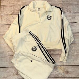 VS PINK Cream and Black Terry Two-Piece Lounge Set with Black Stripe Detail